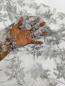 Embroidered Corded Lace Fabric - Silver - Cluster Fancy Flower Embroidered Lace Fabric By Yard