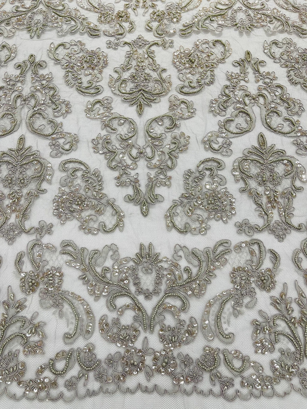 Beaded My Lady Damask Design - Silver - Beaded Fancy Damask Embroidered Fabric By Yard