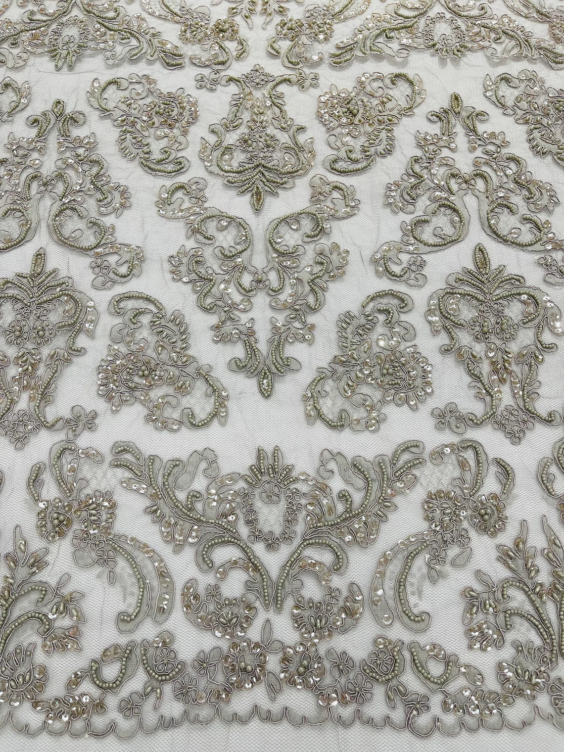 Beaded My Lady Damask Design - Silver - Beaded Fancy Damask Embroidered Fabric By Yard