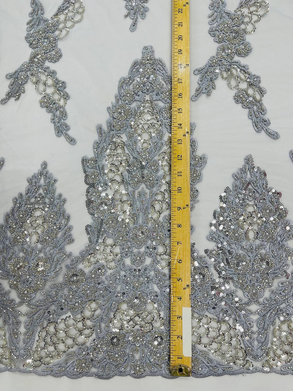Heavy Bead Floral Fabric - Silver - Beaded Flower Design Fabric Fancy Border By Yard