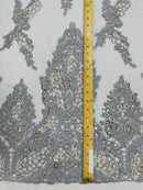 Heavy Bead Floral Fabric - Silver - Beaded Flower Design Fabric Fancy Border By Yard