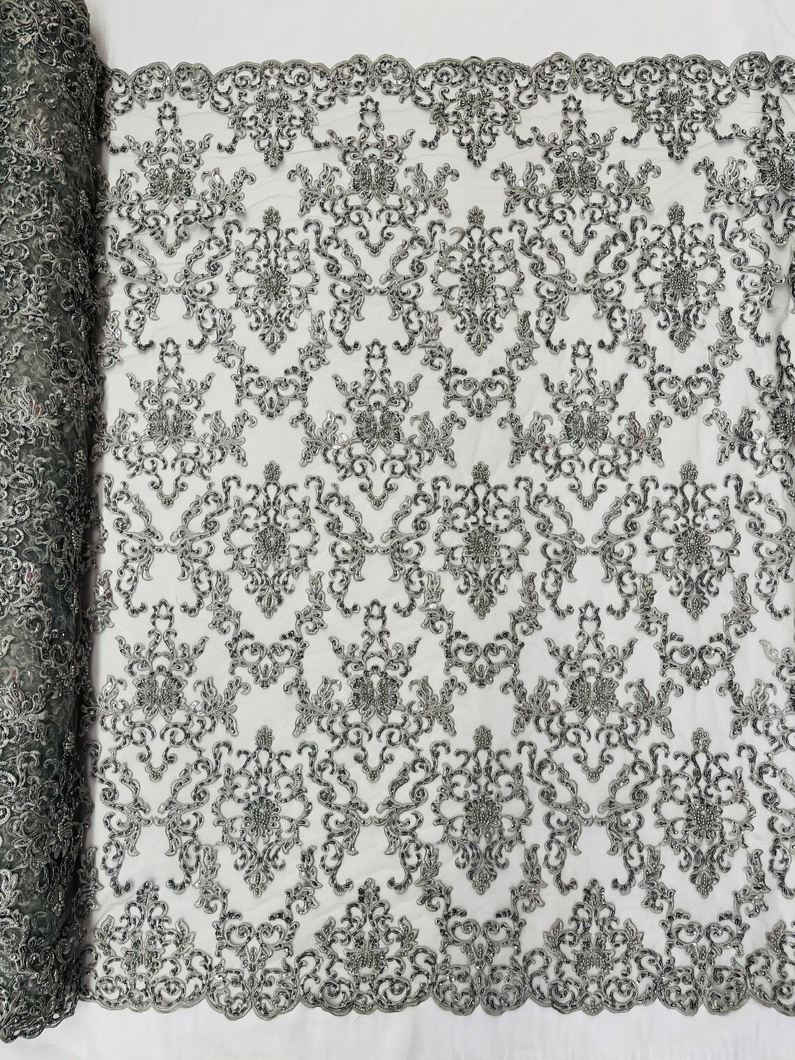 Butterfly Bead Sequins Fabric - Silver - Damask Beaded Sequins Lace Fabric by the yard