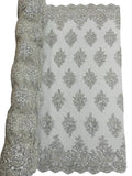 Heavy Beaded Floral Fabric - Silver - Luxury Heavy Duty Bead Bridal Floral Cluster Lace Fabric by the yard