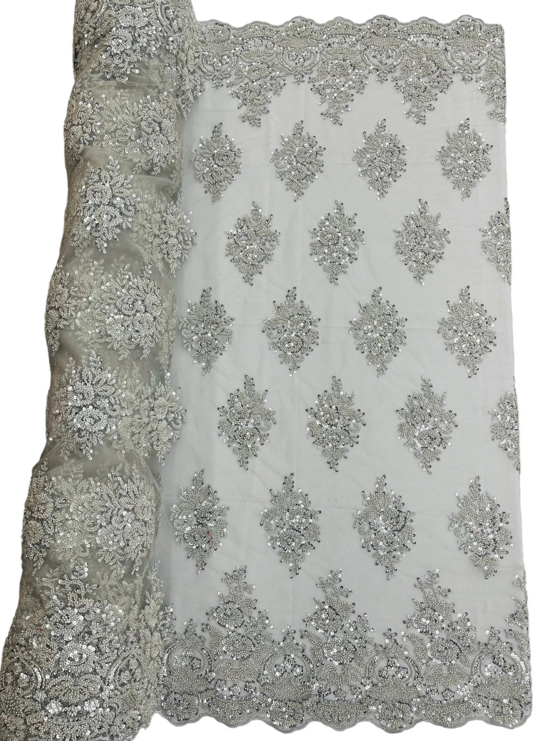 Heavy Beaded Floral Fabric - Silver - Luxury Heavy Duty Bead Bridal Floral Cluster Lace Fabric by the yard