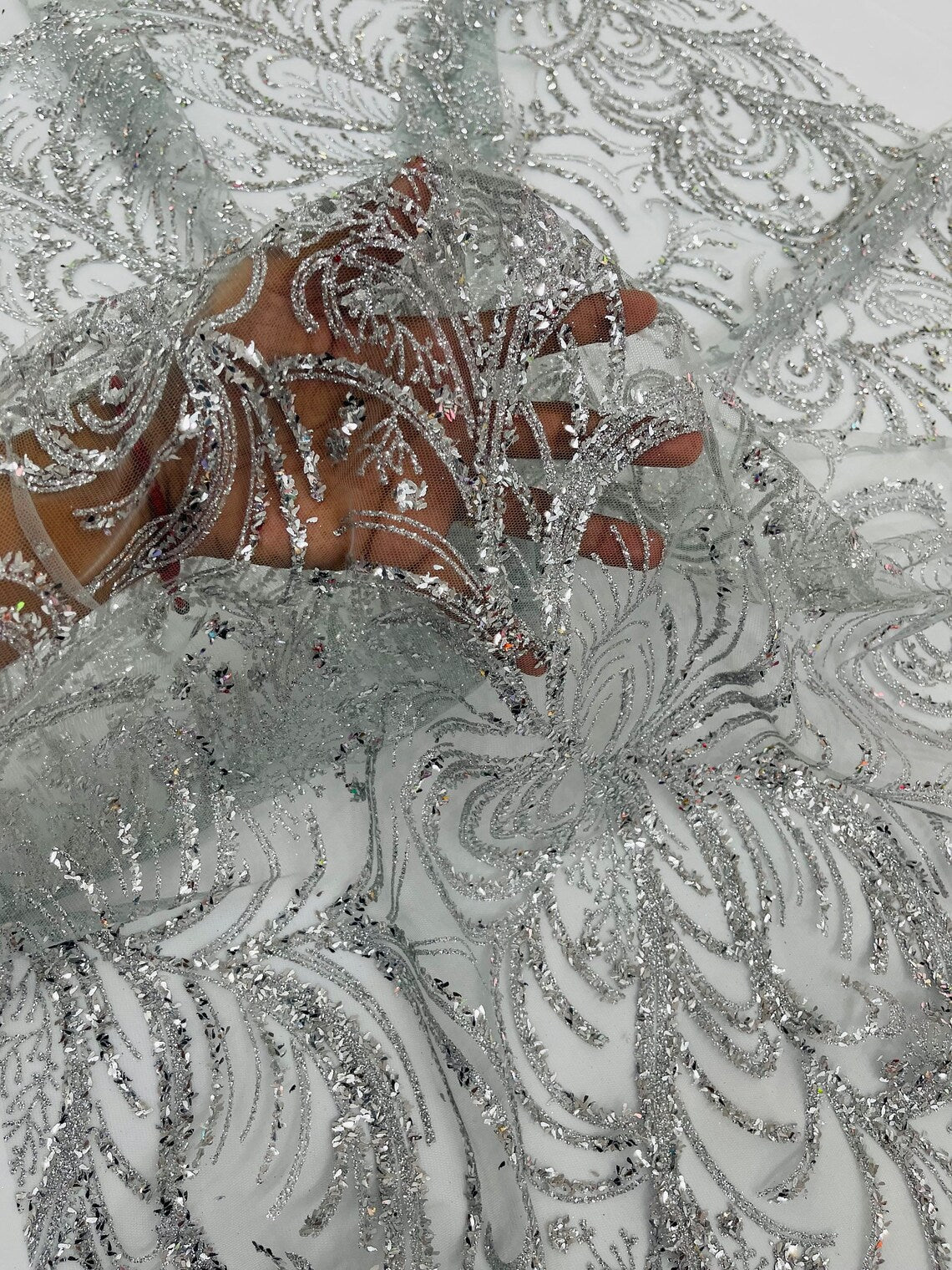 Glitter Palm Leaf Design Fabric - Silver - Tulle Mesh Glitter Leaf Design Fabric Sold By Yard