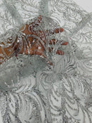 Glitter Palm Leaf Design Fabric - Silver - Tulle Mesh Glitter Leaf Design Fabric Sold By Yard