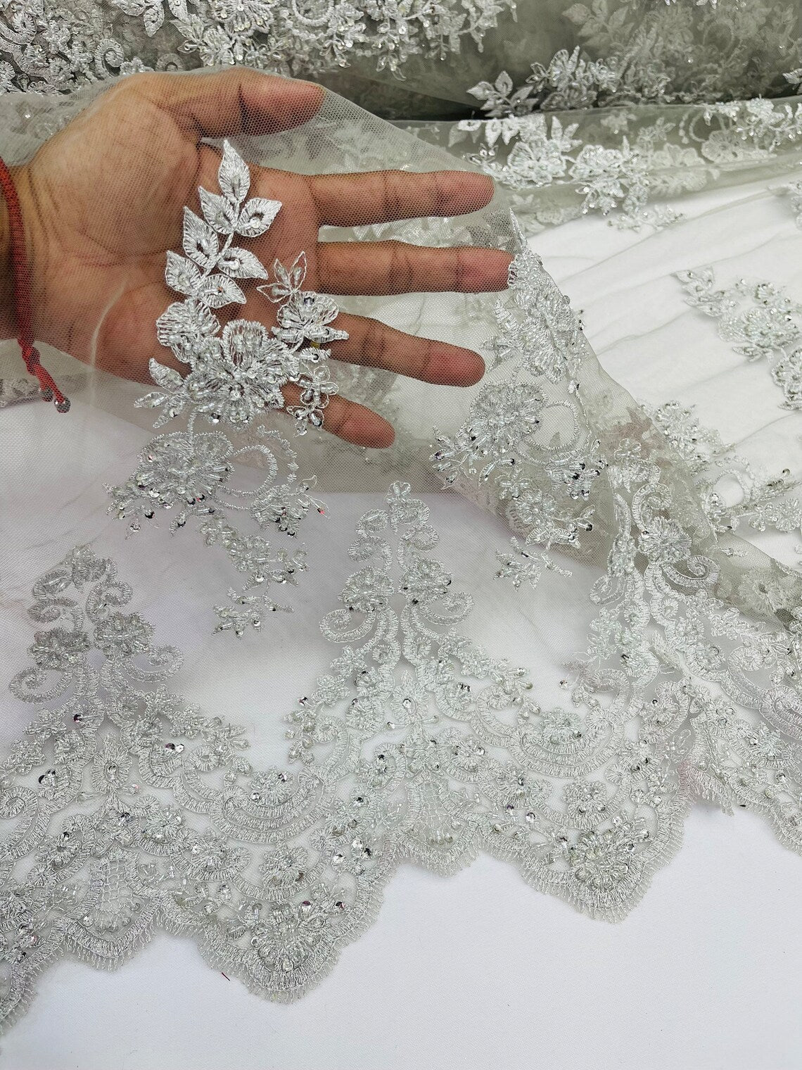 Beaded Floral Fabric - Silver #1 - Embroidered Flower Cluster Beaded Fabric Sold By Yard