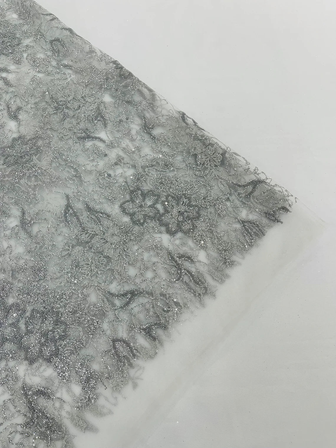 Flower Glitter Fabric - Silver - 3D Floral Tulle Fabric for Wedding, Quinceañera By Yard