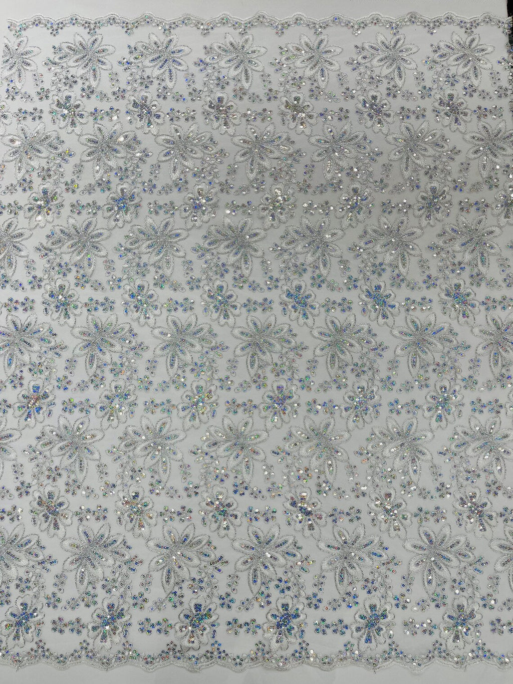Corded Lace Floral Fabric - Silver - Hologram Sequins Metallic Thread Floral Fabric by Yard