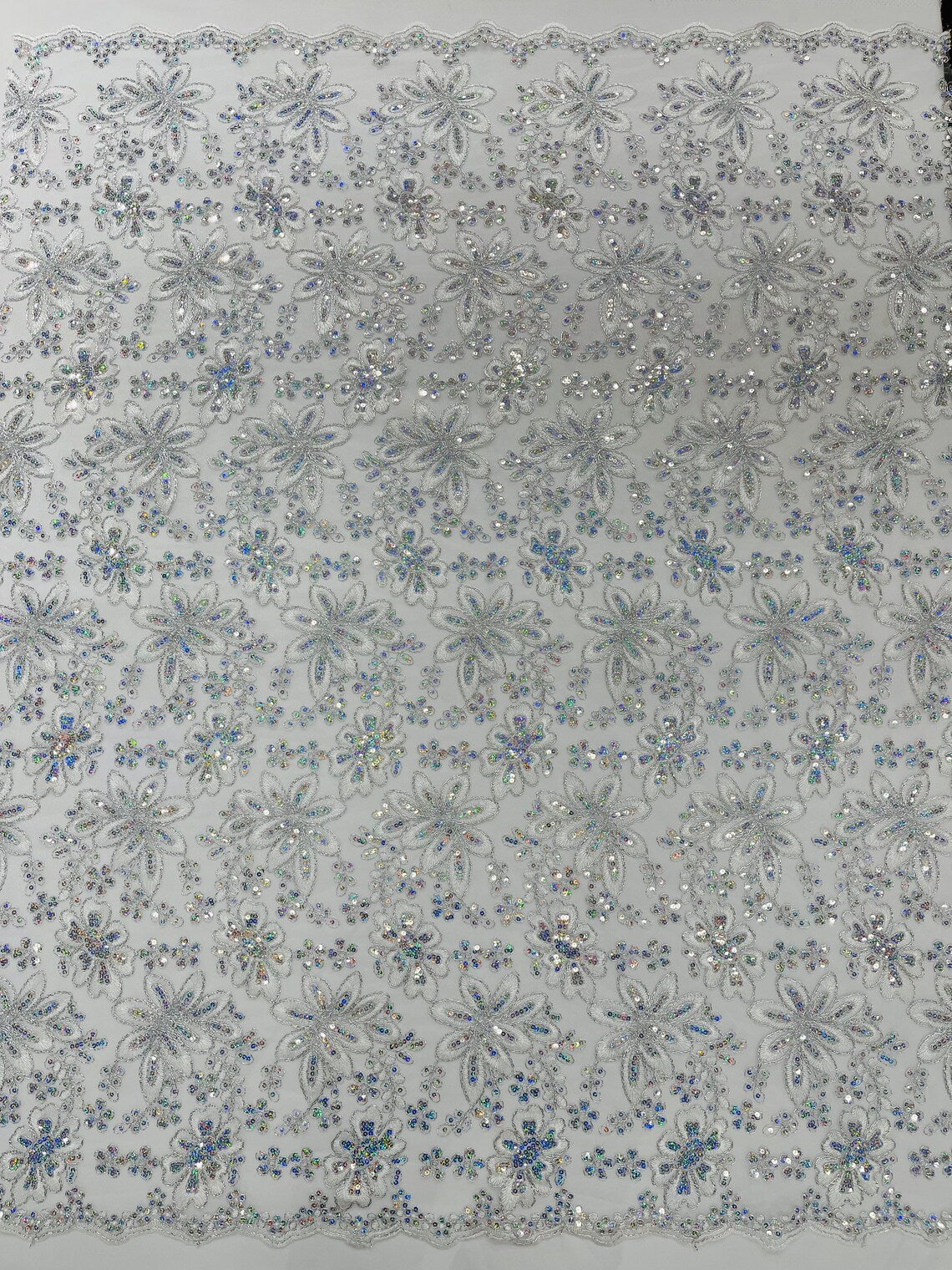 Corded Lace Floral Fabric - Silver - Hologram Sequins Metallic Thread Floral Fabric by Yard