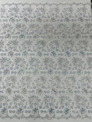 Corded Lace Floral Fabric - Silver - Hologram Sequins Metallic Thread Floral Fabric by Yard