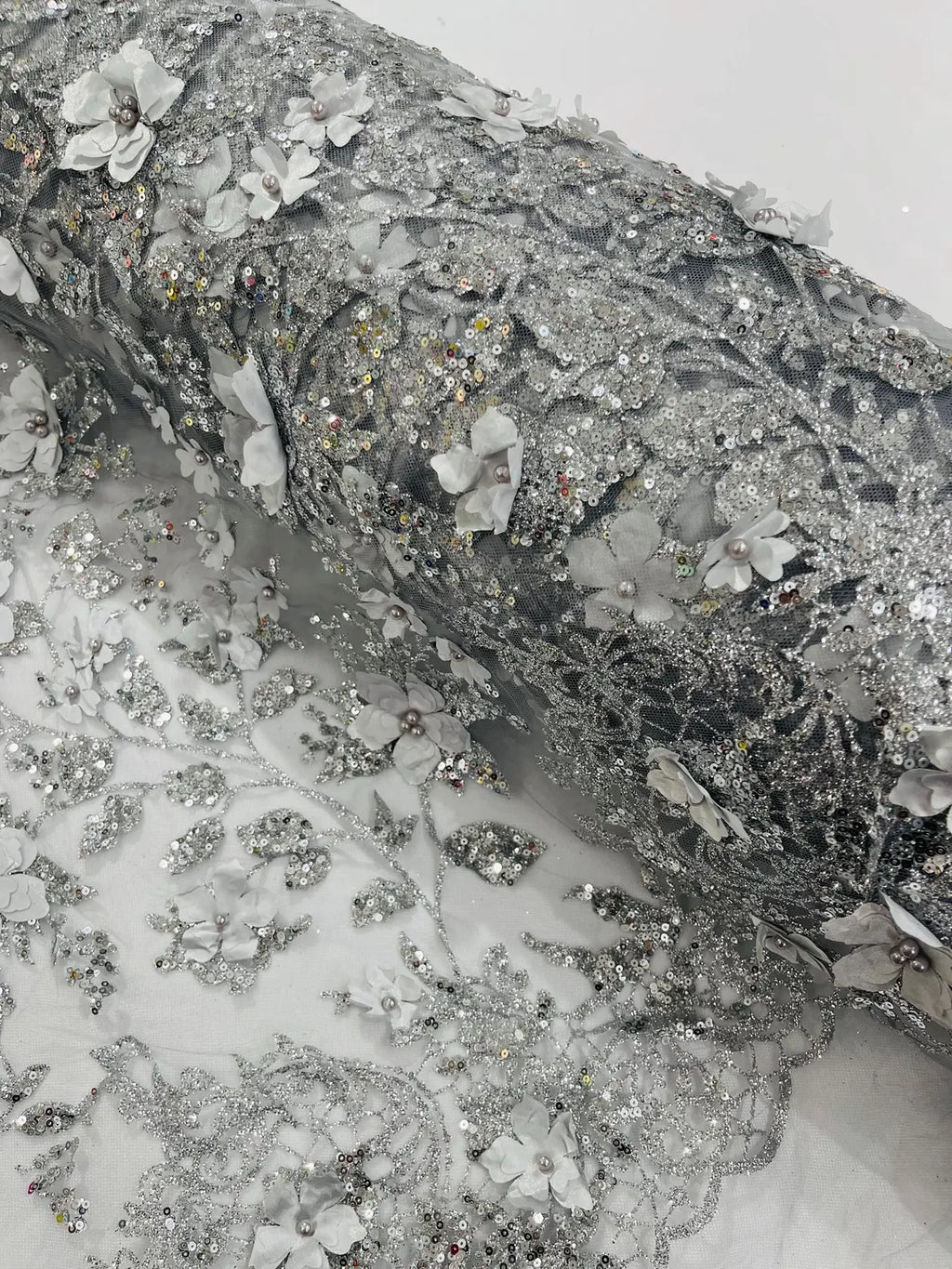 3D Flower Glitter Fabric - Silver - Floral Glitter Sequin Design on Lace Mesh Fabric by Yard