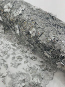 3D Flower Glitter Fabric - Silver - Floral Glitter Sequin Design on Lace Mesh Fabric by Yard