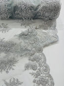 Floral Lace Flower Fabric - Silver - Floral Embroidered Fabric with Sequins on Lace By Yard
