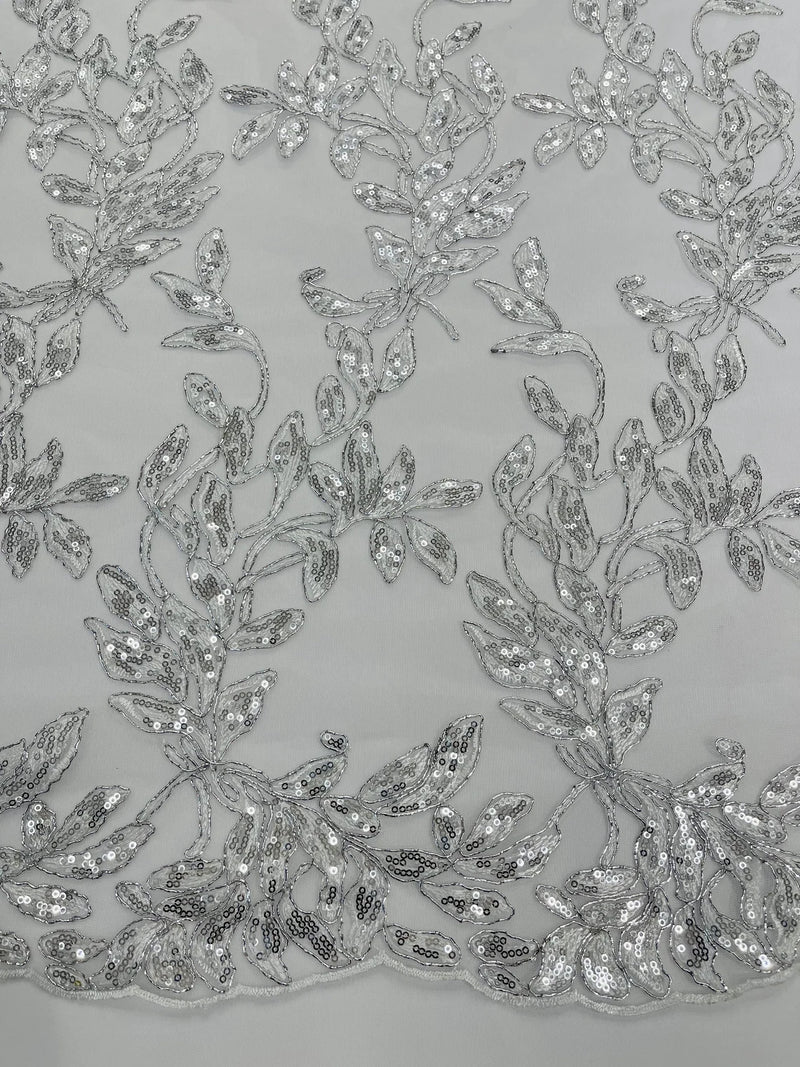 Metallic Thread Leaf Design - Silver - Embroidered Leaf With Sequins Design on Mesh Lace Fabric by the Yard