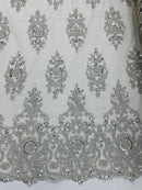 Floral Bead Embroidery Fabric - Silver - Damask Floral Bead Bridal Lace Fabric by the yard
