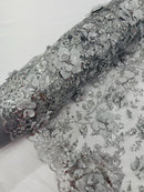3D Big Flower Glitter Fabric - Silver - Floral Glitter Sequin Design on Lace Mesh Fabric by Yard