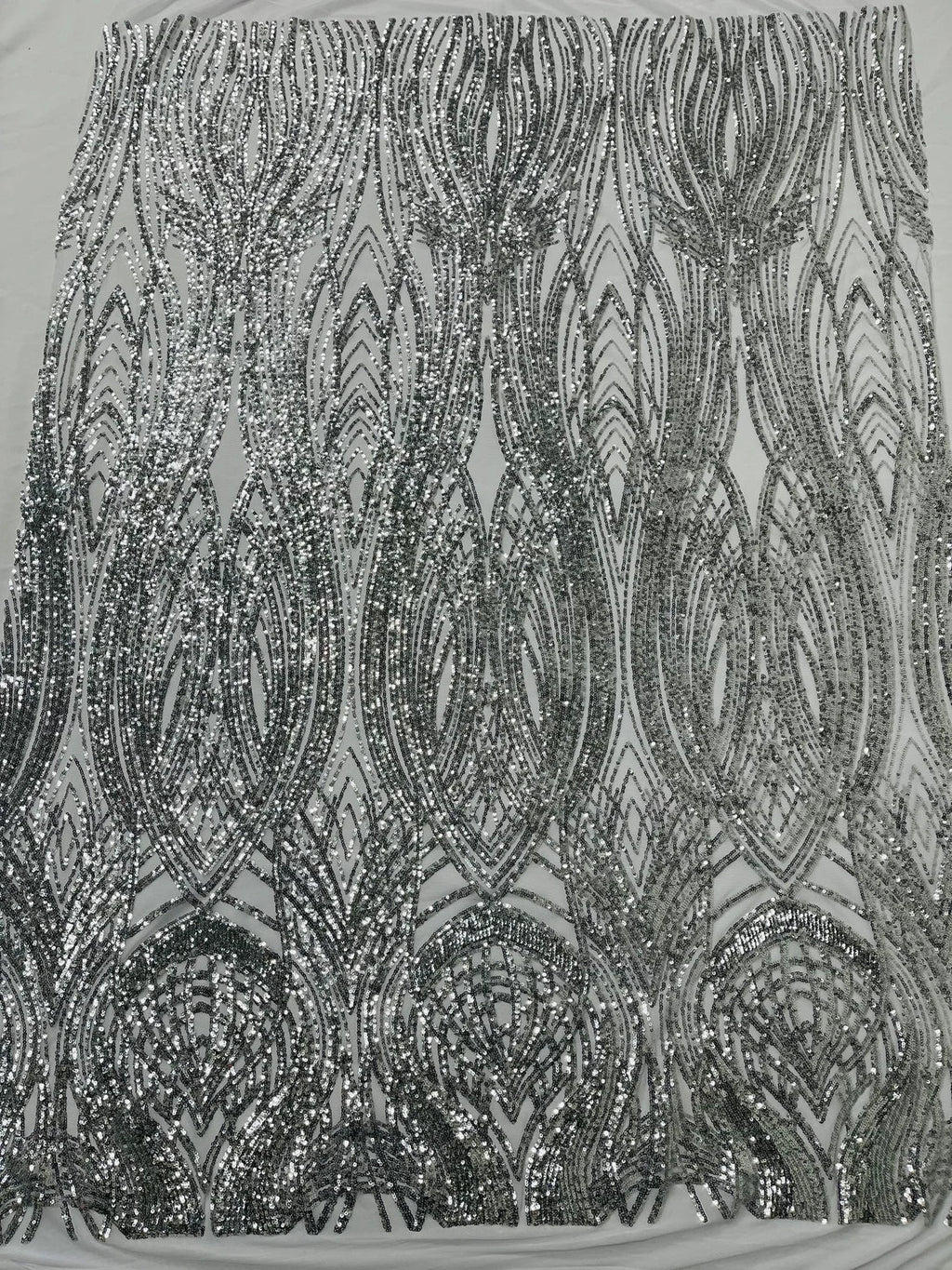 Long Wavy Pattern Sequins - Silver - 4 Way Stretch Sequins Fabric Line Design By Yard