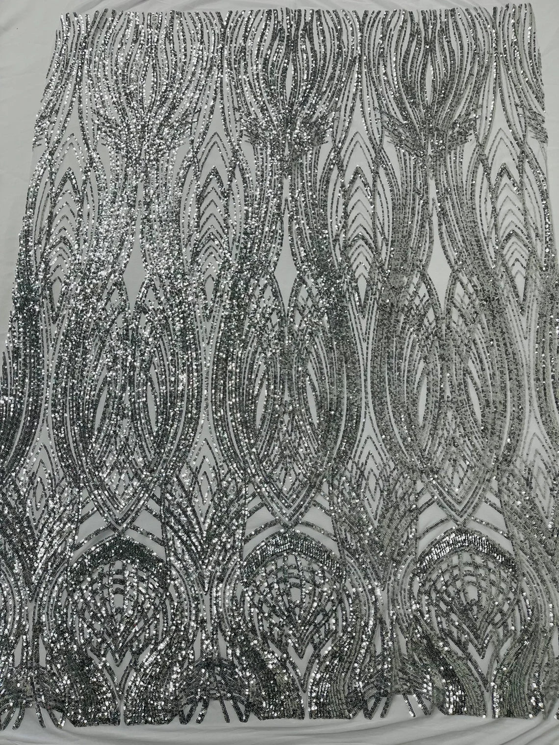 Long Wavy Pattern Sequins - Silver - 4 Way Stretch Sequins Fabric Line Design By Yard