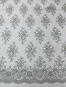 Floral Pearl Bead Fabric - Silver - Flower Design with Beads and Sequins Fabric Sold By Yard