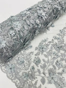 Flower 3D Fabric - Silver - Embroided Fabric Flower Pearls and Leaf Decor Sold by The Yard