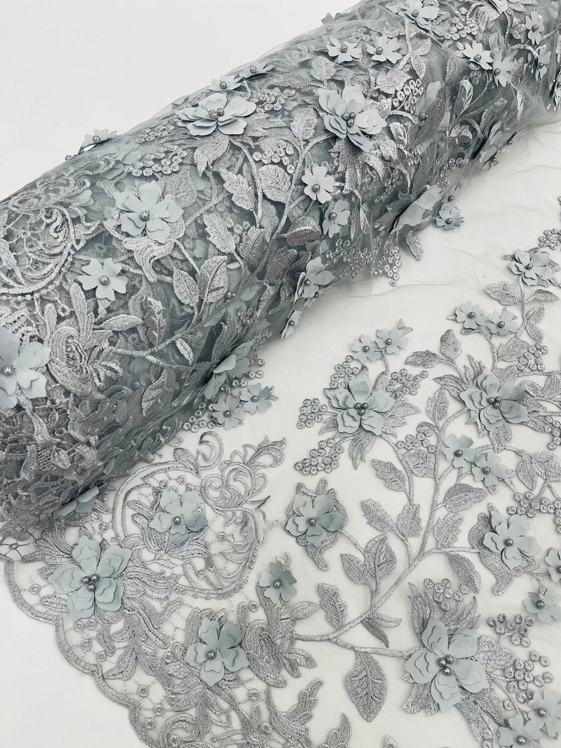Flower 3D Fabric - Silver - Embroided Fabric Flower Pearls and Leaf Decor Sold by The Yard