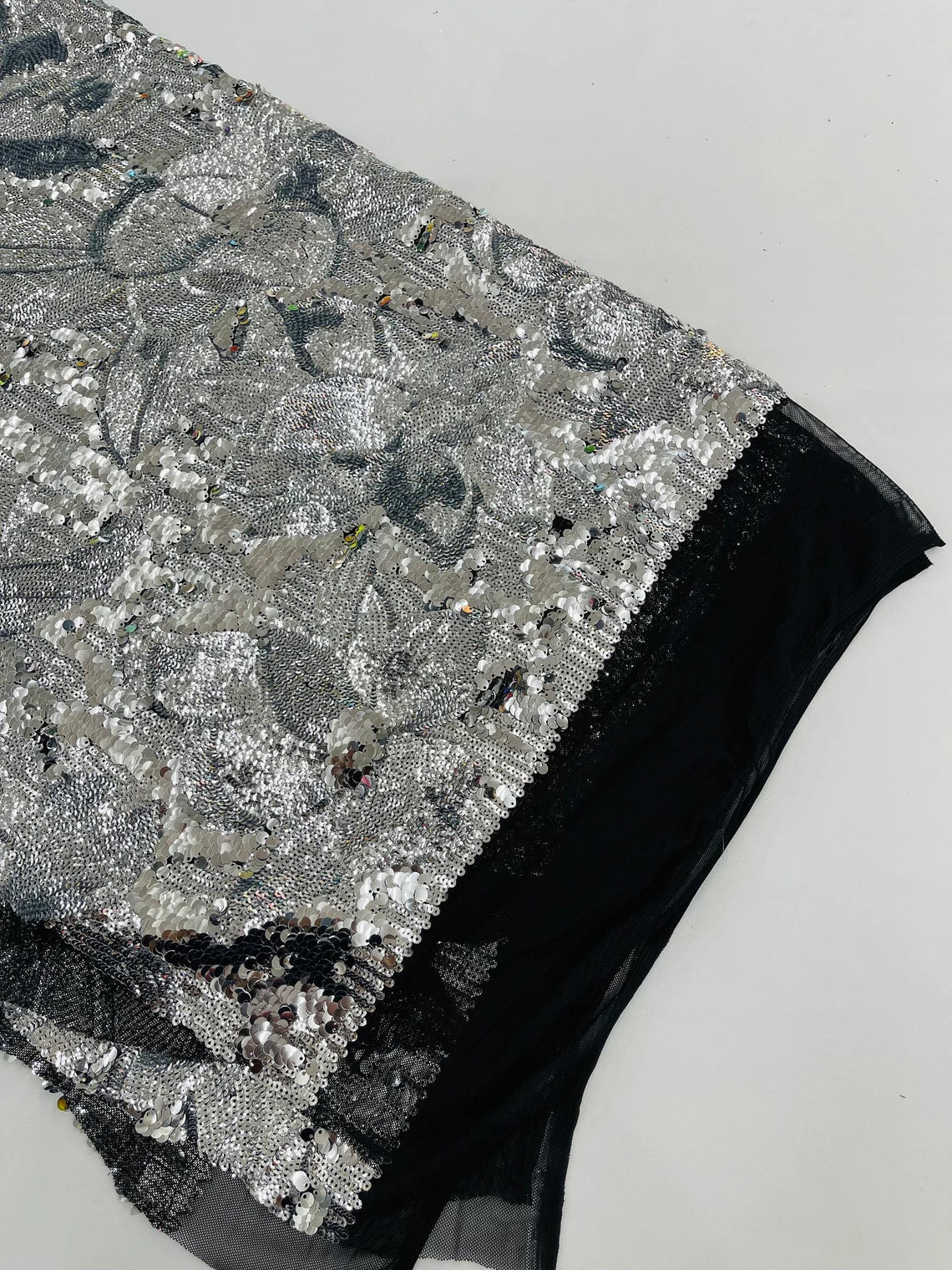 Orchid Design Sequins - Silver - 4 Way Stretch Full Sequins Floral Design Mesh Fabric By Yard