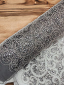 Beaded Swirl Design Fabric - Silver - Swirl Design with Beads and Sequins on Lace by Yard