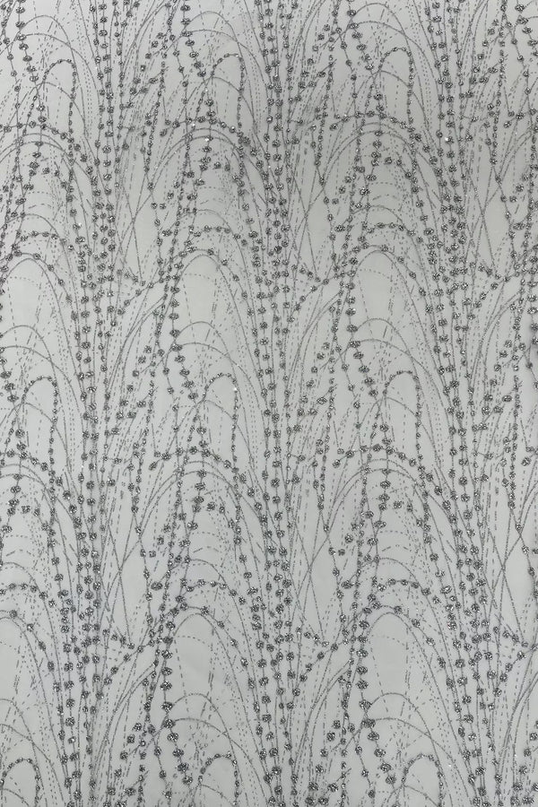 Tulle Glitter Fancy Line Fabric - Silver - Tulle Fabric with Sparkle Glitter Design Sold By Yard