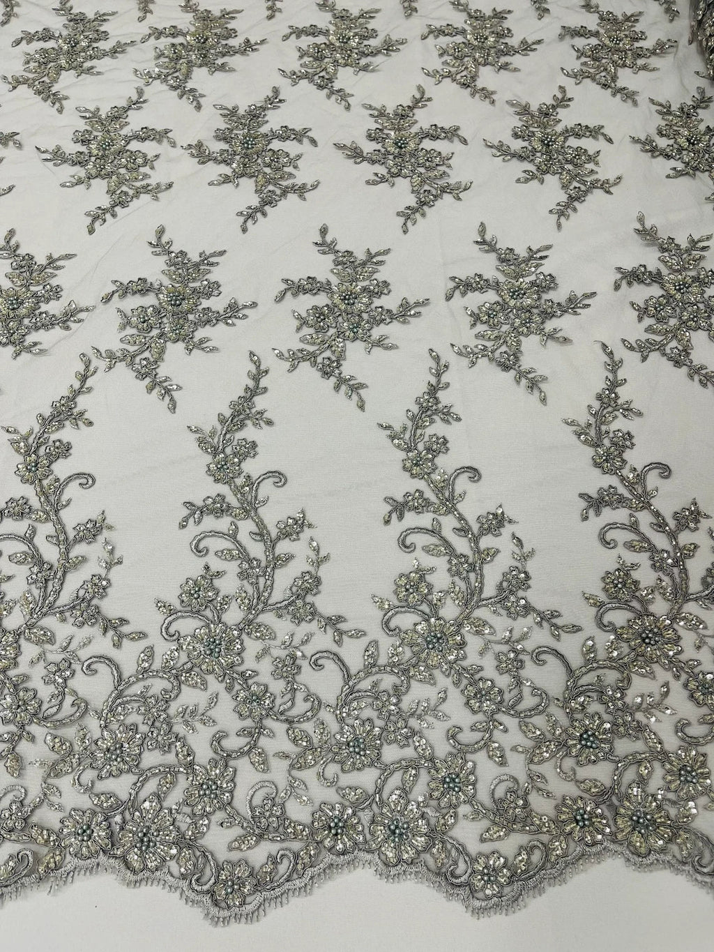 Beaded Floral Cluster - Silver - Fancy Embroidered Glamorous Floral Design Sold by Yard