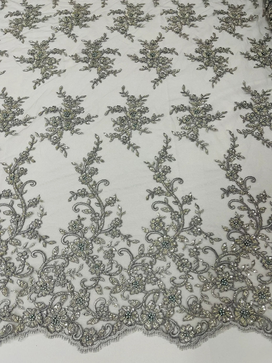 Beaded Floral Cluster - Silver - Fancy Embroidered Glamorous Floral Design Sold by Yard