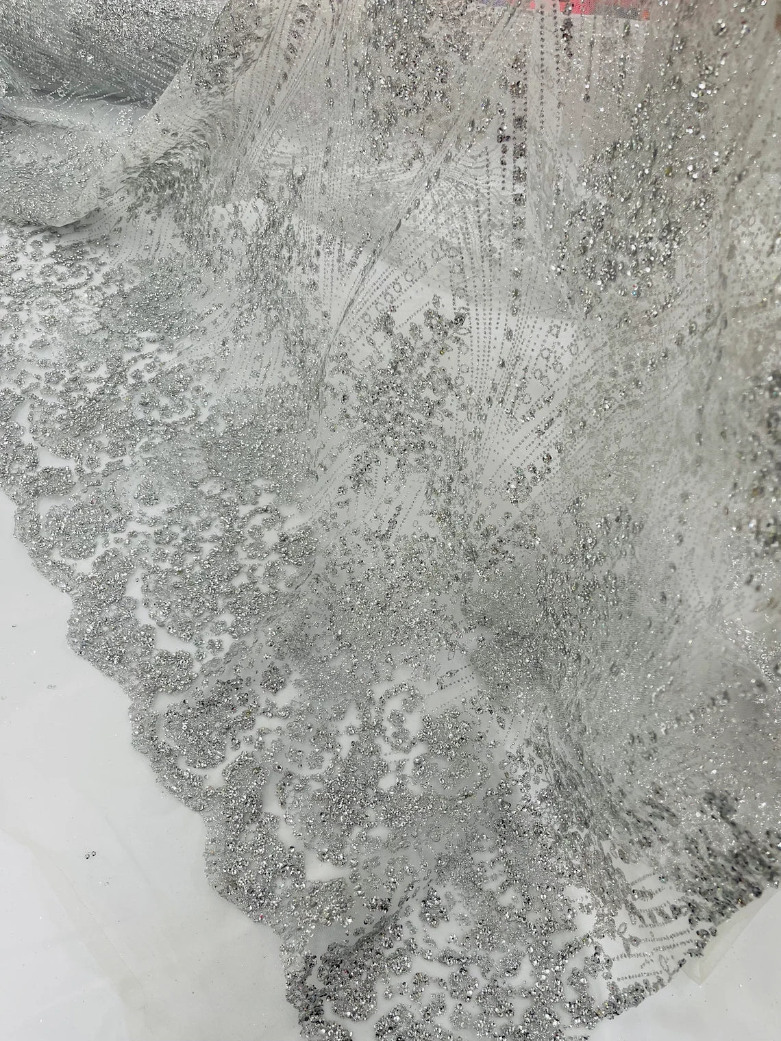 Damask Glitter Fabric - Silver - Geometric Glitter Design Fabric on Mesh by Yard