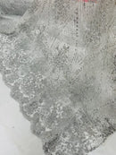 Damask Glitter Fabric - Silver - Geometric Glitter Design Fabric on Mesh by Yard