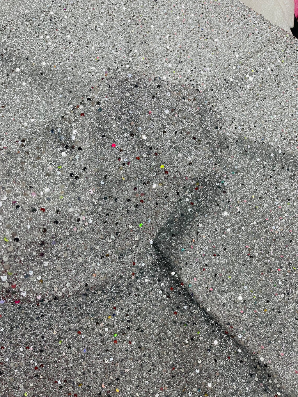 Sequins on Metallic Foil - Silver - 5mm Sequins Confetti 2Way Stretch Spandex Fabric by yard