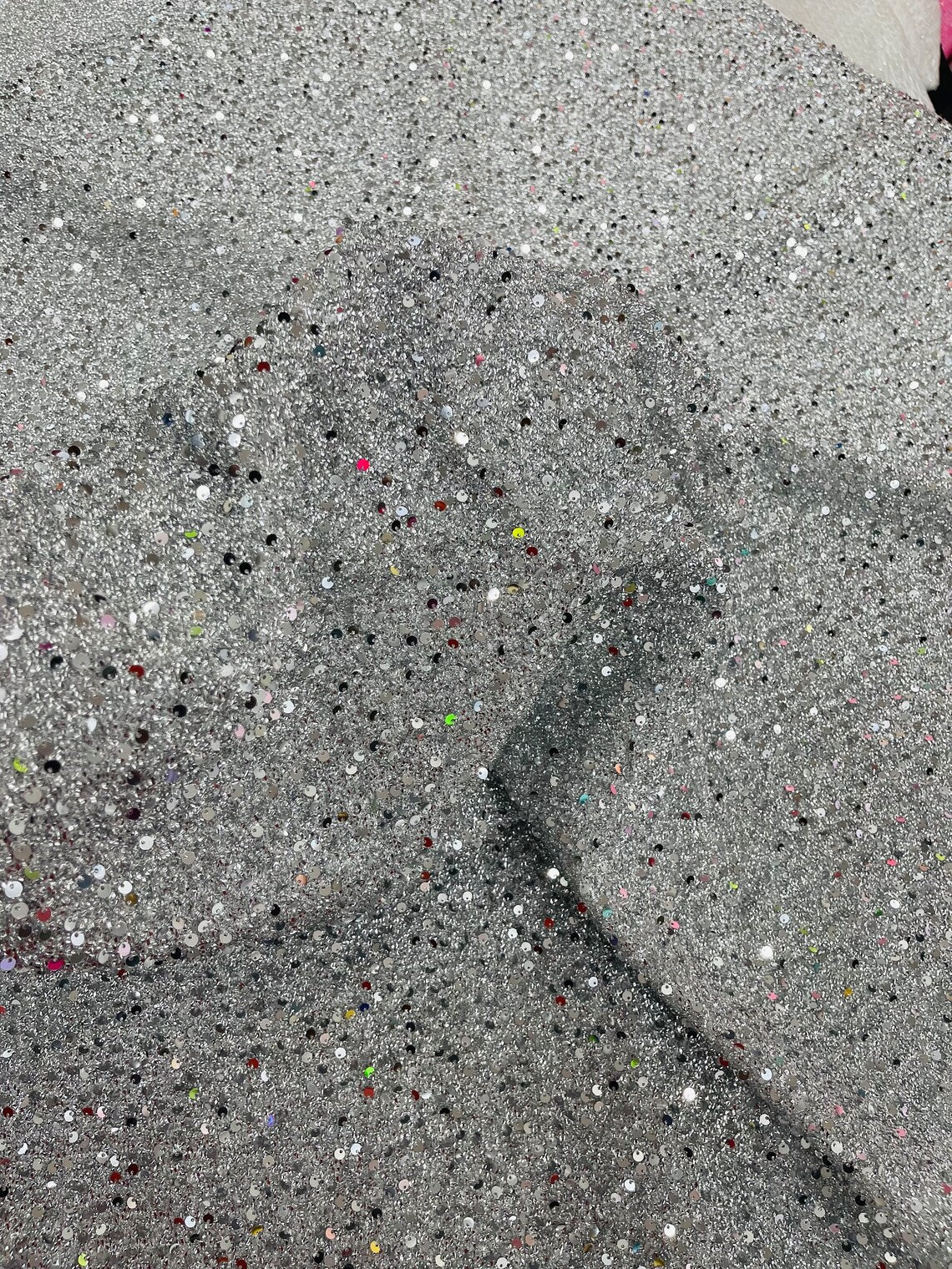 Sequins on Metallic Foil - Silver - 5mm Sequins Confetti 2Way Stretch Spandex Fabric by yard