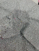 Sequins on Metallic Foil - Silver - 5mm Sequins Confetti 2Way Stretch Spandex Fabric by yard