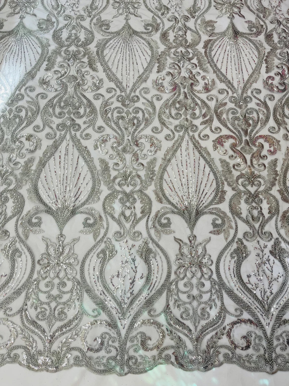 Damask Leaf Bead Fabric - Silver - Heavy Beaded Embroidered Sequins Lace Fabric by Yard