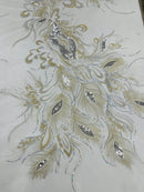 Peacock Feathers Lace Fabric - Silver - Peacock Feather Design on Lace Mesh Fabric Sold by Panel