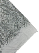 Leaf Design Stretch Sequins - Silver - 4 Way Stretch Lace Mesh Sequins Fabric by Yard