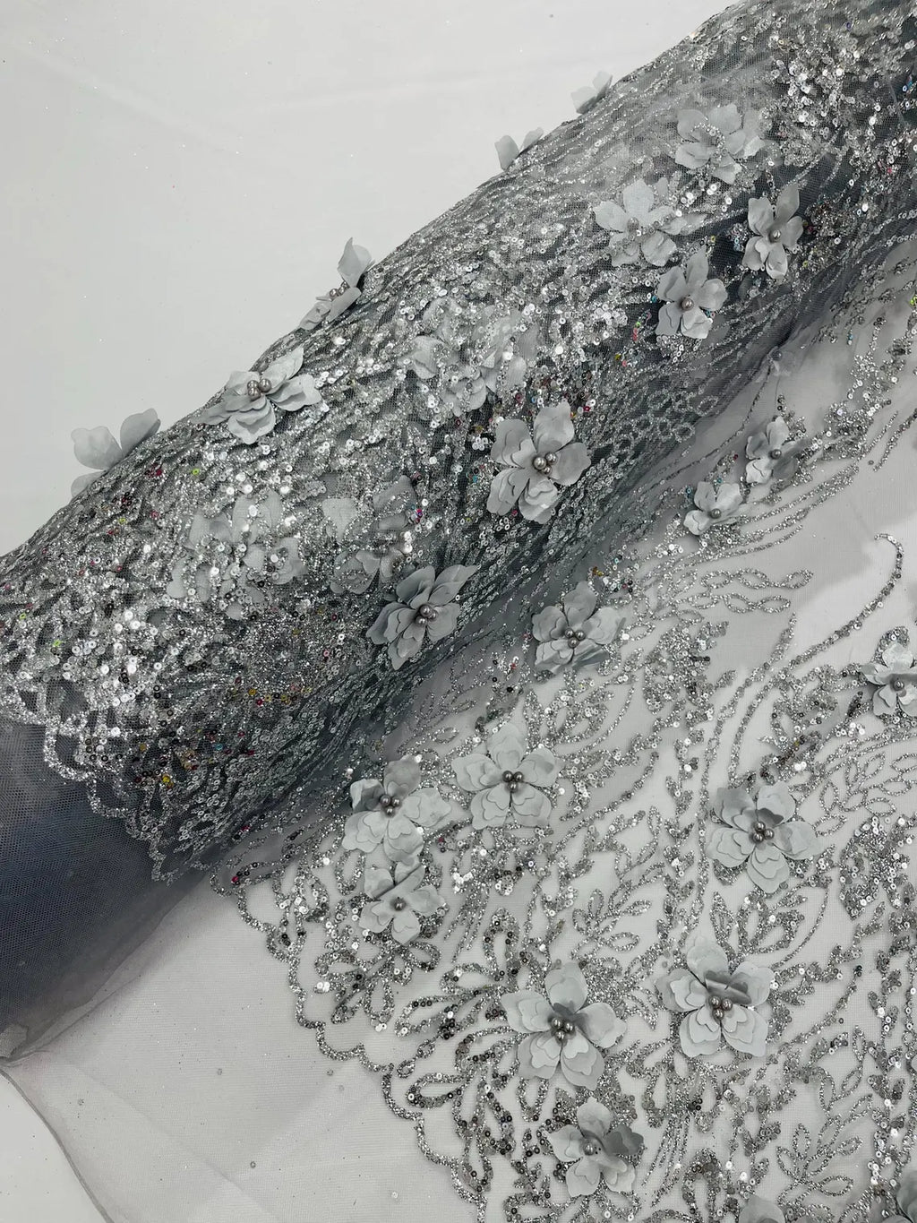 3D Glitter Floral Design Fabric - Silver - Floral Line Design Embroidered Sequins Fabric by Yard