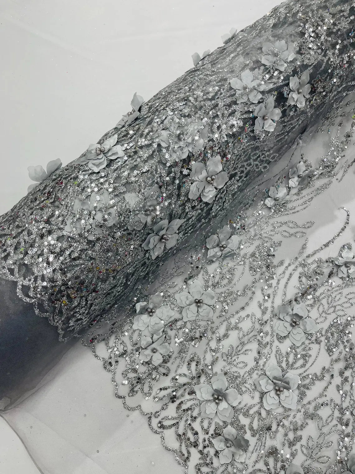 3D Glitter Floral Design Fabric - Silver - Floral Line Design Embroidered Sequins Fabric by Yard