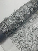 3D Glitter Floral Design Fabric - Silver - Floral Line Design Embroidered Sequins Fabric by Yard