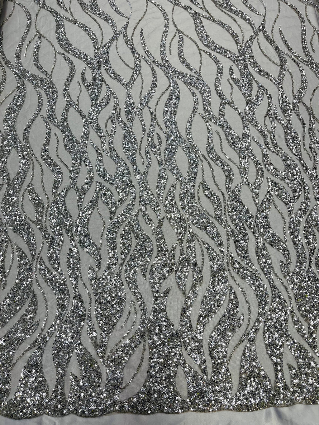 Fire Flames Design Bead Fabric - Silver - Beaded Embroidered Fire Pattern Fabric By Yard