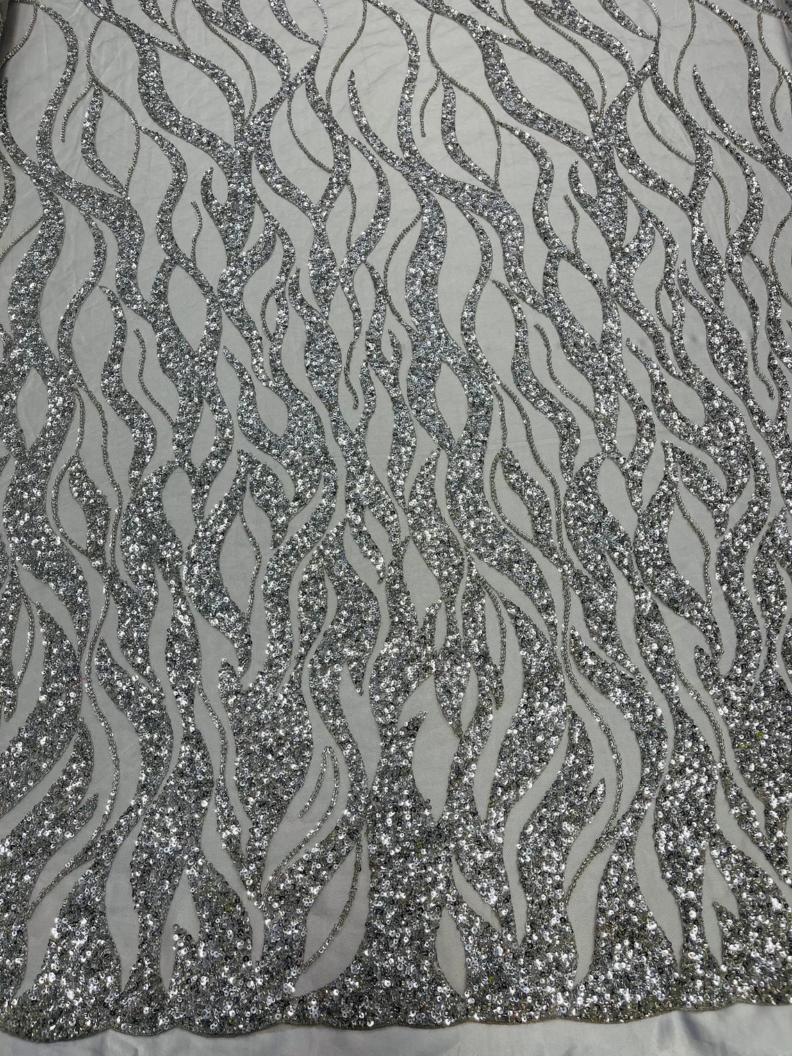 Fire Flames Design Bead Fabric - Silver - Beaded Embroidered Fire Pattern Fabric By Yard