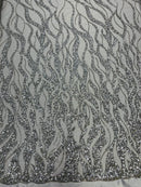 Fire Flames Design Bead Fabric - Silver - Beaded Embroidered Fire Pattern Fabric By Yard