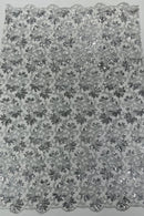 Metallic Sequins Design - Silver - Embroidered Metallic Thread Leaf Pattern Sequins Fabric By Yard