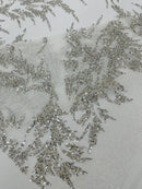 Leaf Plant Glitter Design Fabric - Silver - Beaded Embroidered Leaves Design on Mesh By Yard