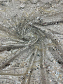 Wavy Design Beaded Fabric - Silver - Beaded Wavy Leaf Embroidered Fabric By Yard