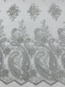 Metallic Corded Lace - Silver - Paisley Floral Fabric with Metallic Thread on a Mesh Lace By Yard
