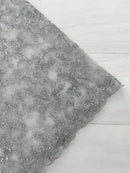 Floral Metallic Lace Fabric - Silver - Corded Embroidered Floral Sequins Fabric by Yard